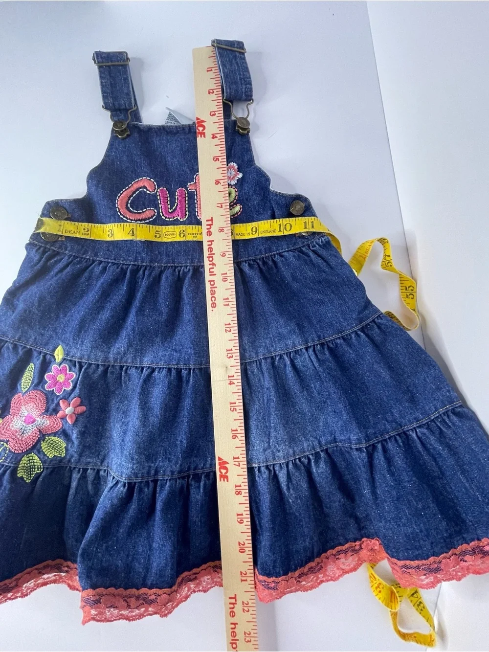 VTG Young Hearts Denim Jumper Overall Dress 2T Cute Embroidered Tiered Lace 2T